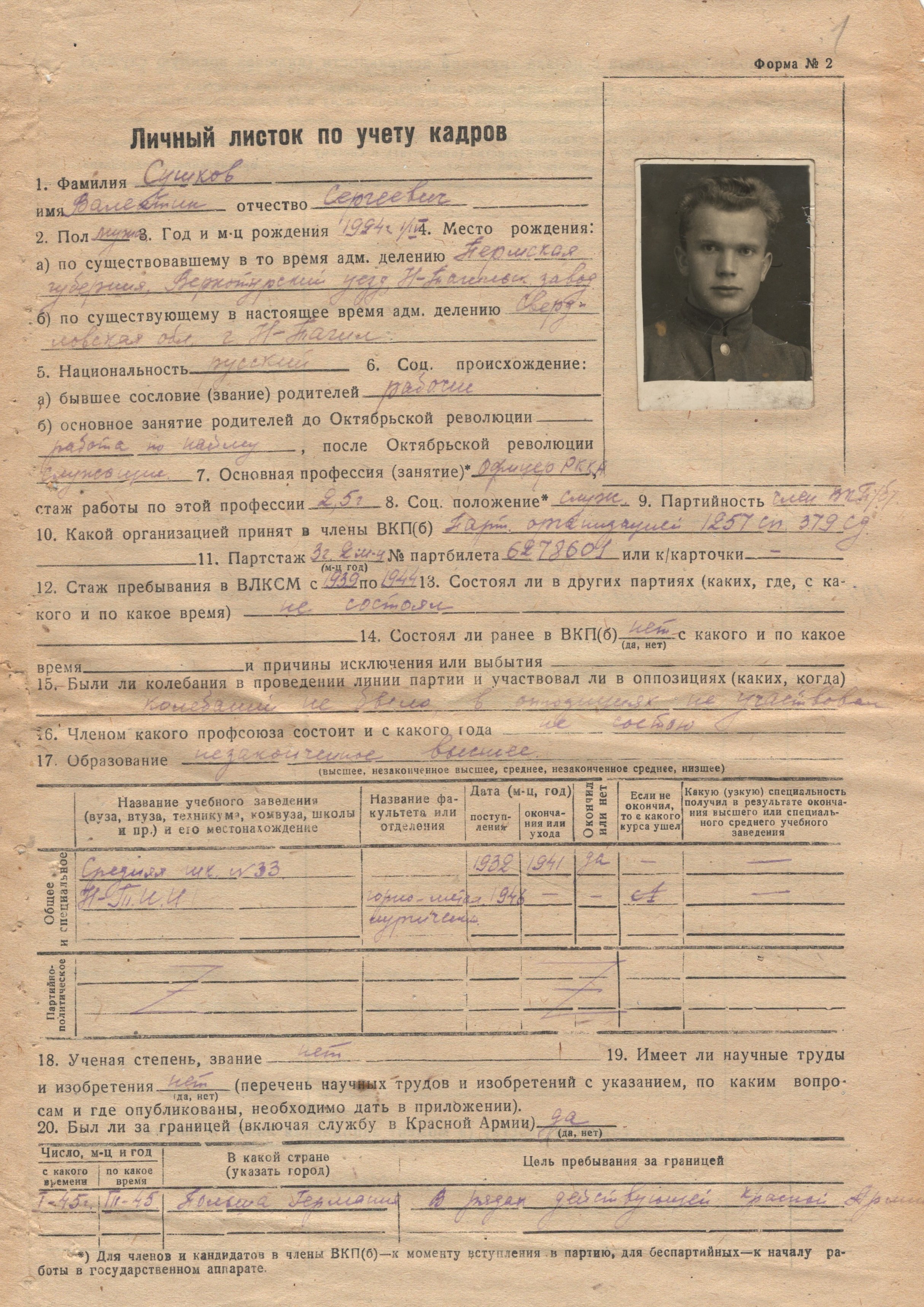 Личное дело Сушкова В.С. Ф.168. Оп.4-л. Д.4955.